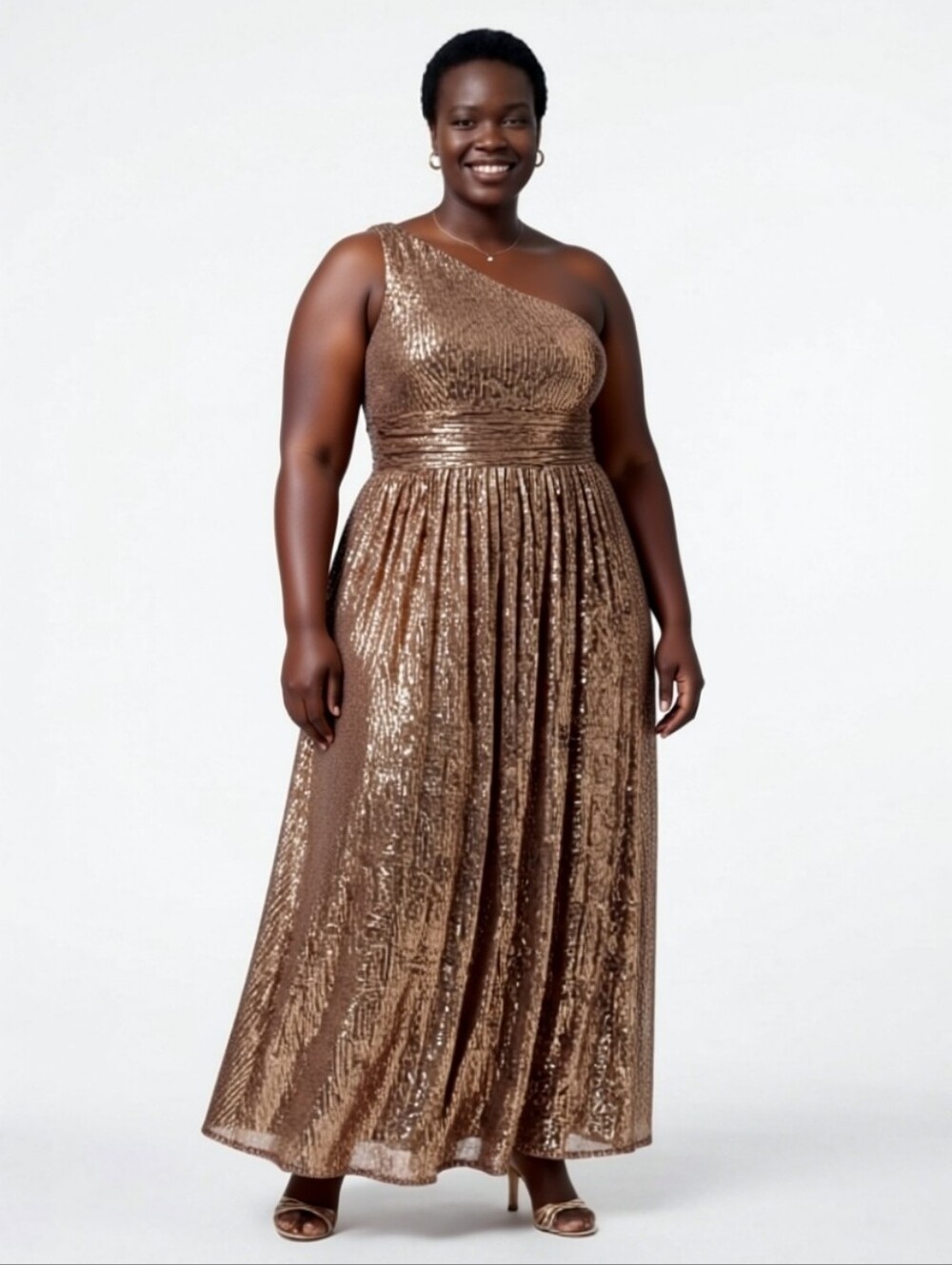 HY Formal Evening Gold Sequined Gown One Shoulder Maxi Size 14W